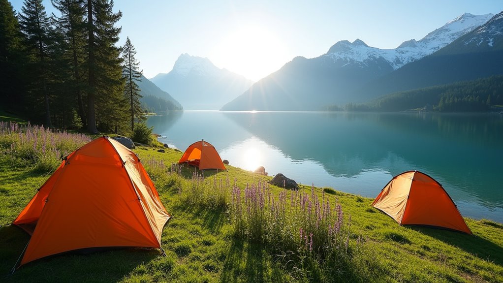 alpine camping by lakeside