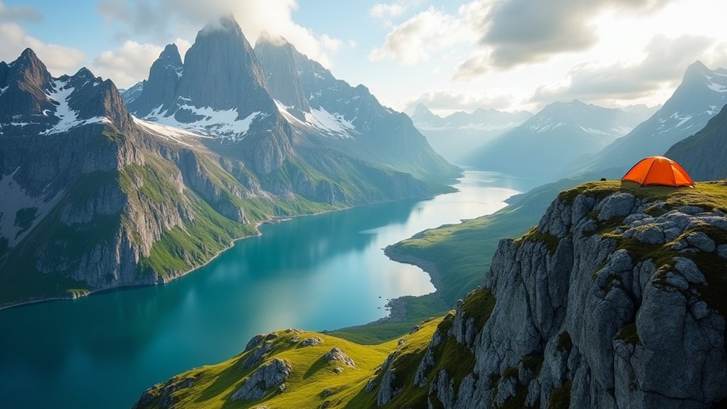 camping climbing midnight sun