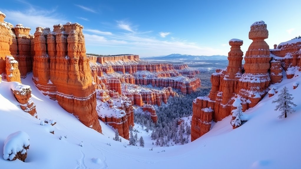snow covered crimson hoodoos