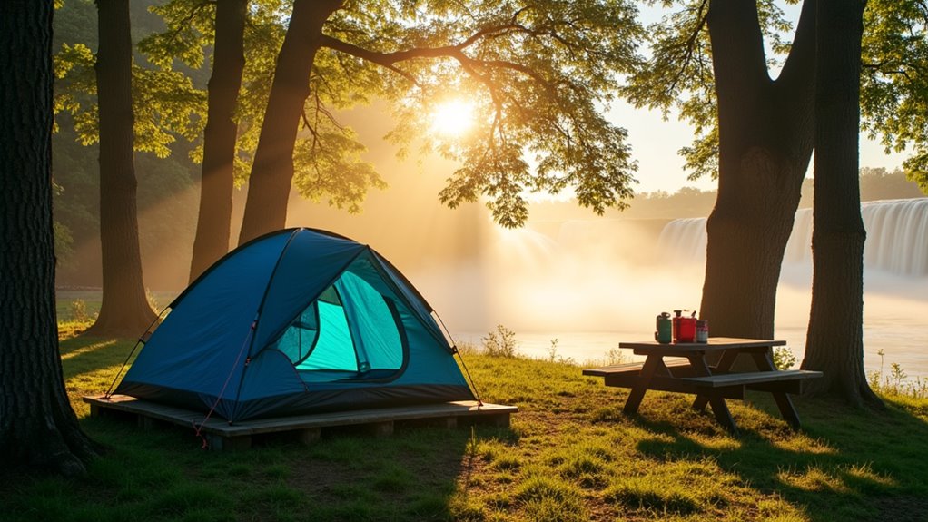 tent camping near waterfalls
